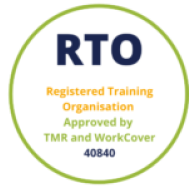 A white circle with the words, register training organization approved by tmr and upskills qld.