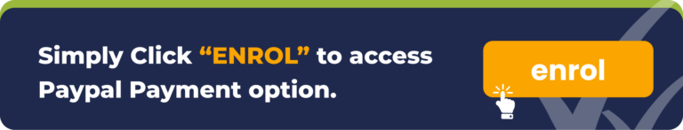 Promotional banner instructing to click the "enrol" button to access paypal payment options, featuring a stylized hand icon pointing at the button.