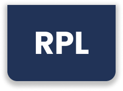 Logo with the letters "rpl" in white text on a dark blue rectangular background.