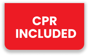 Red label with white text stating "cpr included" inside a black border.