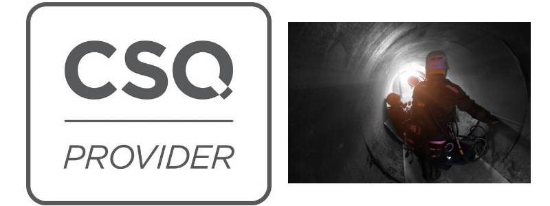 Logo of csq provider next to an image of a person with a flashlight exploring a dark, circular tunnel.