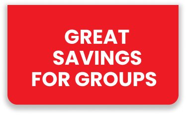 Red sign with bold white text stating "great savings for groups" inside a black border.