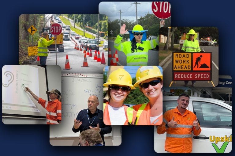 Collage of road safety scenes with workers directing and teaching.