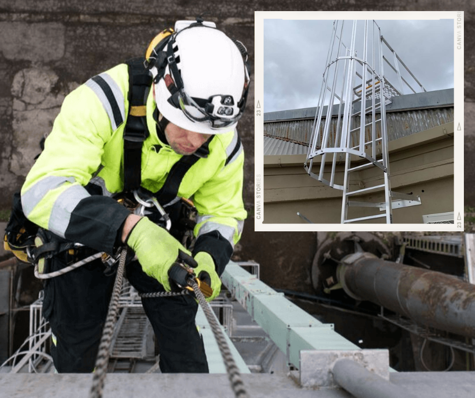 Work at Heights training example showing a worker using fall-prevention gear while climbing a structure with safety cage ladder protection.