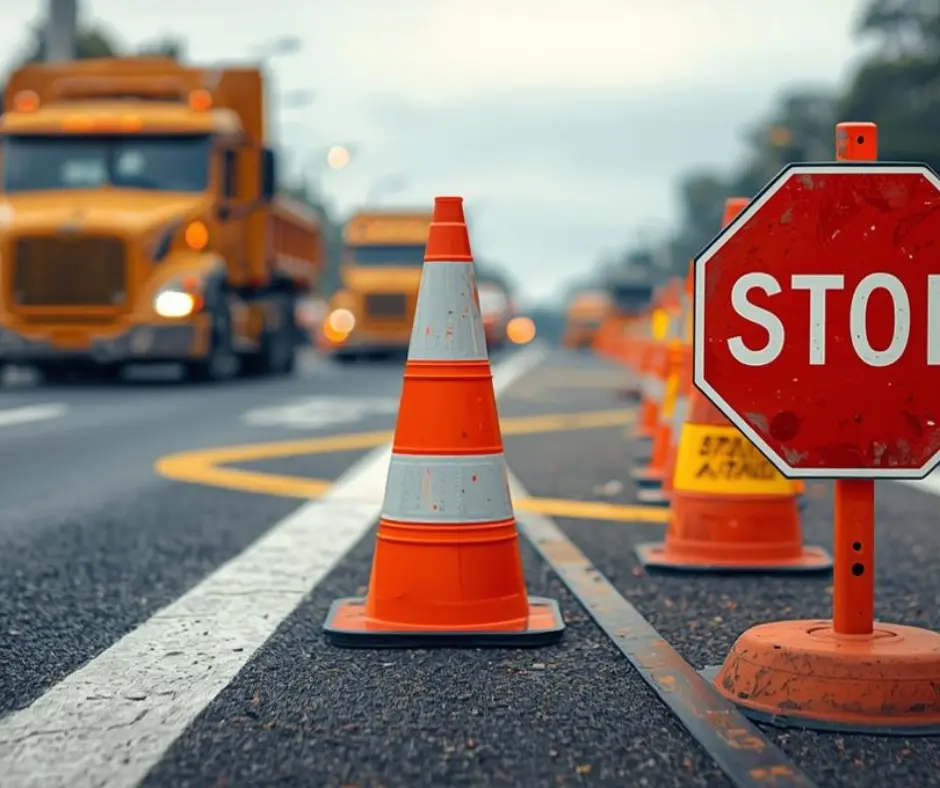 Traffic control scene with safety cones and stop sign managing vehicles through a roadwork zone