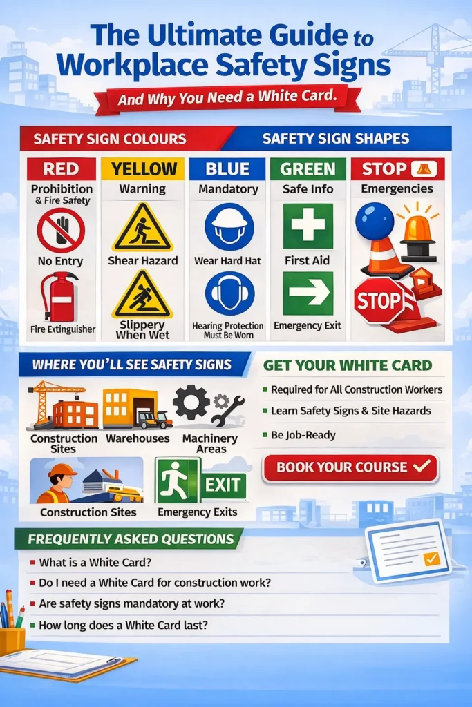 Infographic explaining workplace safety signs and why you need a White Card for construction work in Queensland