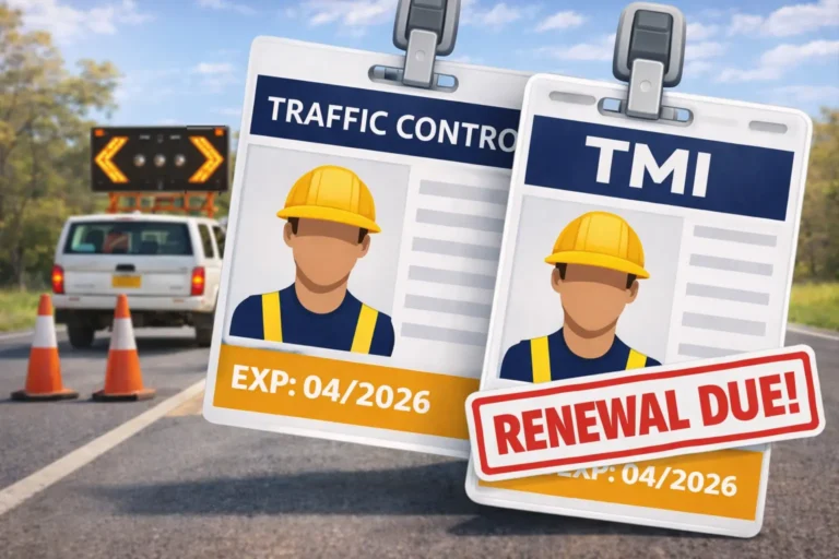 Traffic control and traffic management implementation (TMI) certification cards showing renewal due at a roadwork traffic management site.