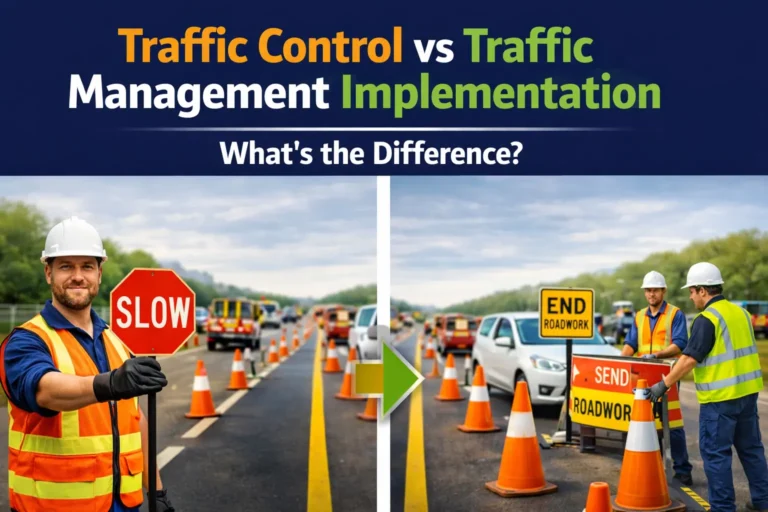 Traffic control worker holding slow sign compared to traffic management implementation team setting up roadwork signs and cones