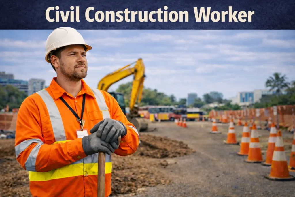 Civil construction worker in Queensland wearing high visibility gear at roadwork site with heavy equipment