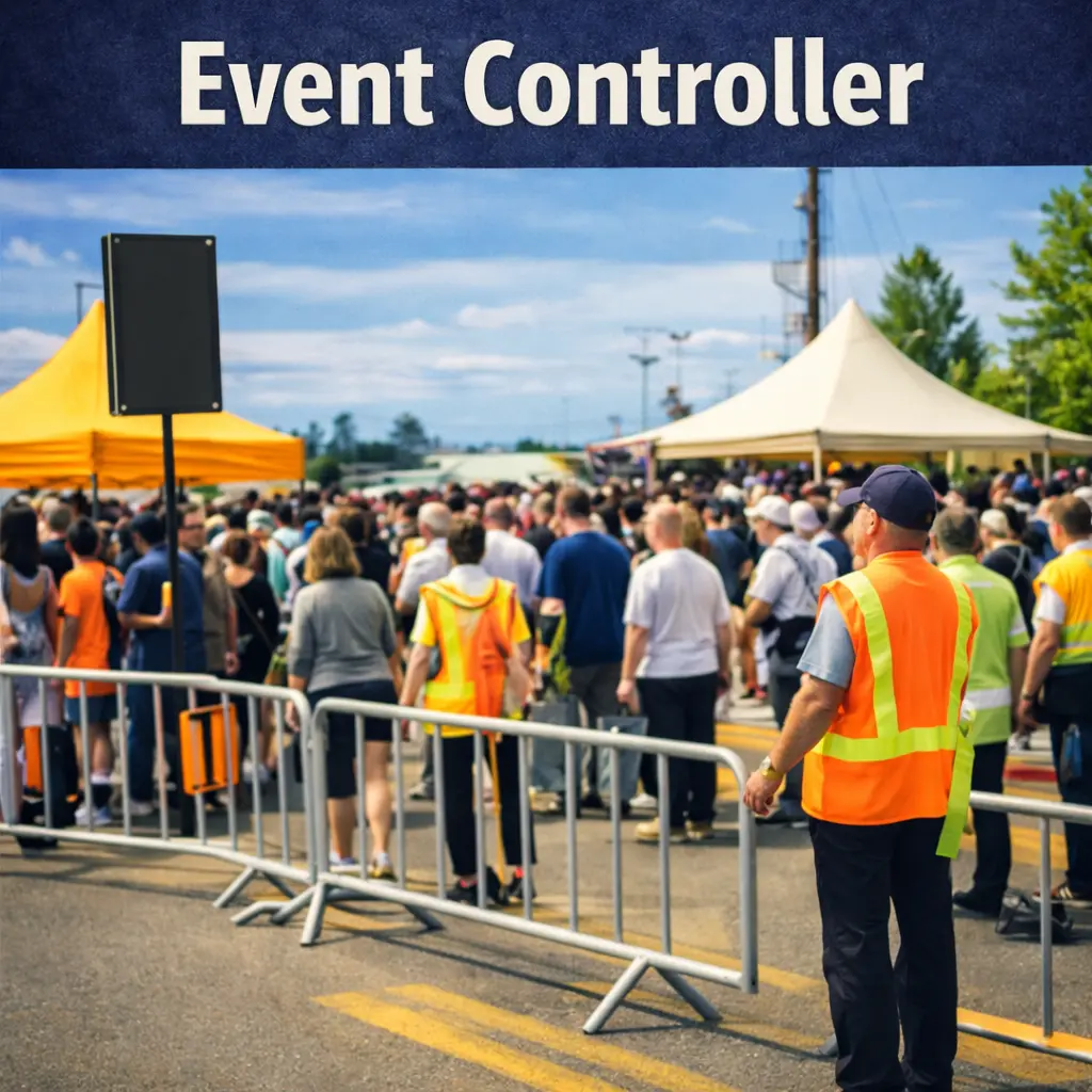 Event traffic control worker managing safety barriers and crowd movement at Queensland event