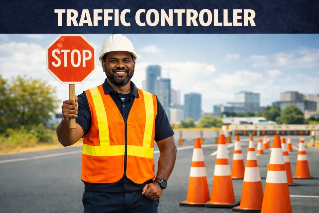 Traffic control worker in Queensland managing road traffic with stop sign and safety cones