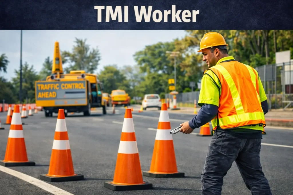 Traffic Management Implementation worker setting up traffic cones on roadwork site in Queensland