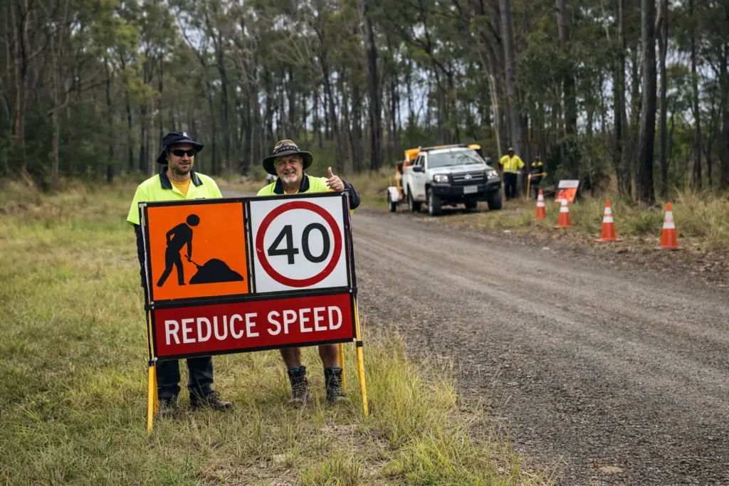 Traffic management implementation (TMI) roadwork setup with workers displaying reduce speed sign on rural worksite with cones and support vehicles