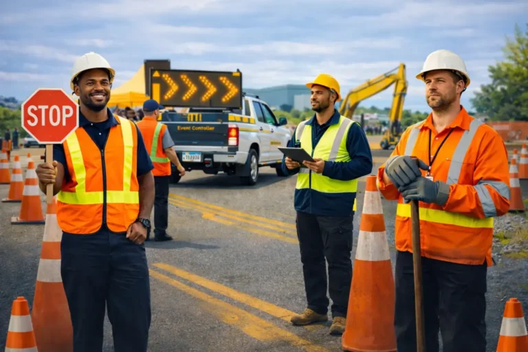 Traffic control workers and supervisor managing roadwork site in Queensland with cones and traffic control vehicle