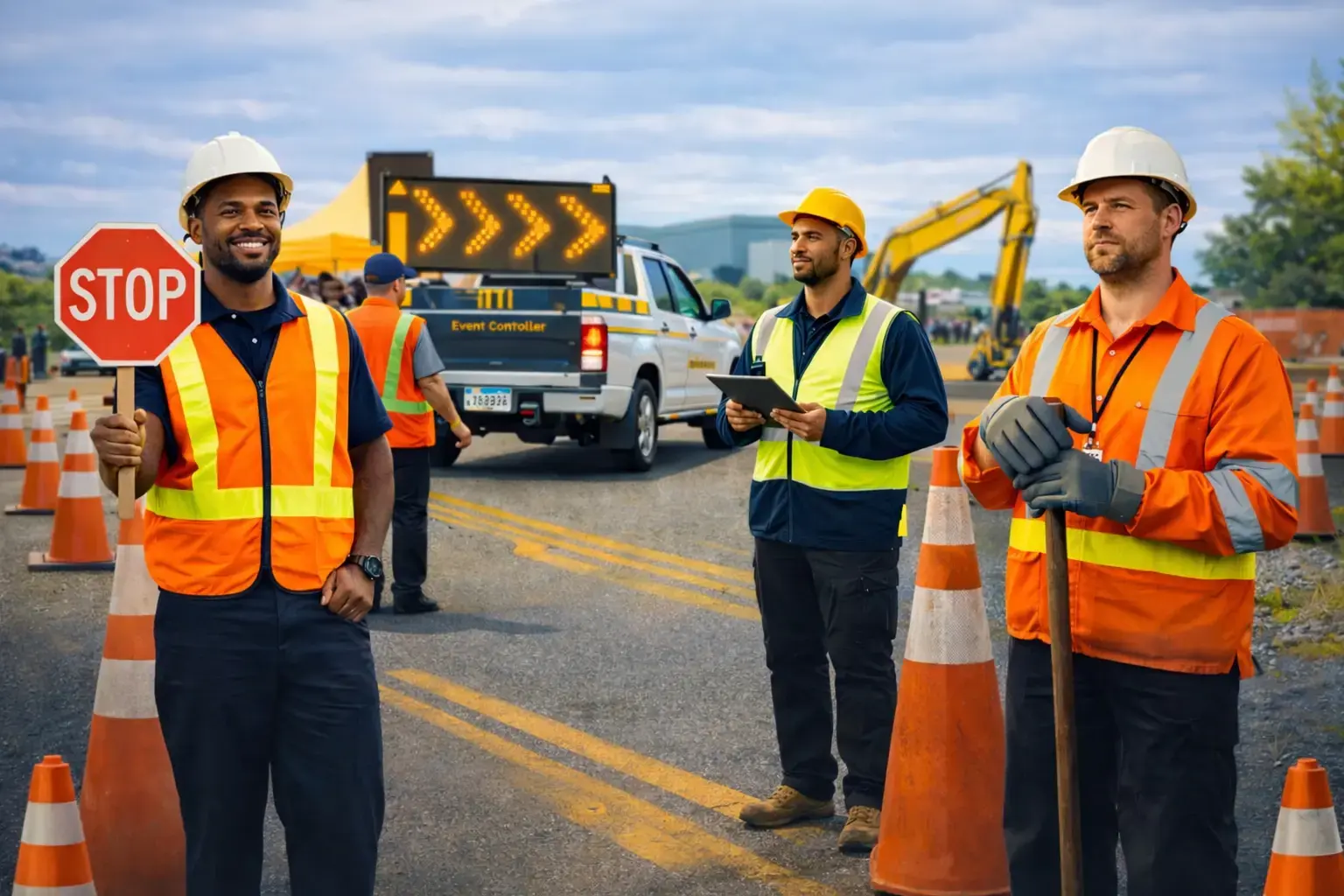 Traffic control workers and supervisor managing roadwork site in Queensland with cones and traffic control vehicle