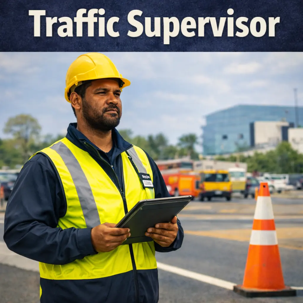 Traffic control supervisor overseeing roadworks in Queensland with tablet and safety equipment