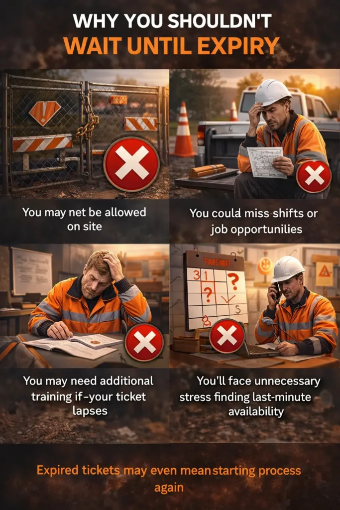 Traffic management implementation (TMI) renewal risks showing consequences of expired tickets including missed work, site access issues, additional training, and scheduling stress