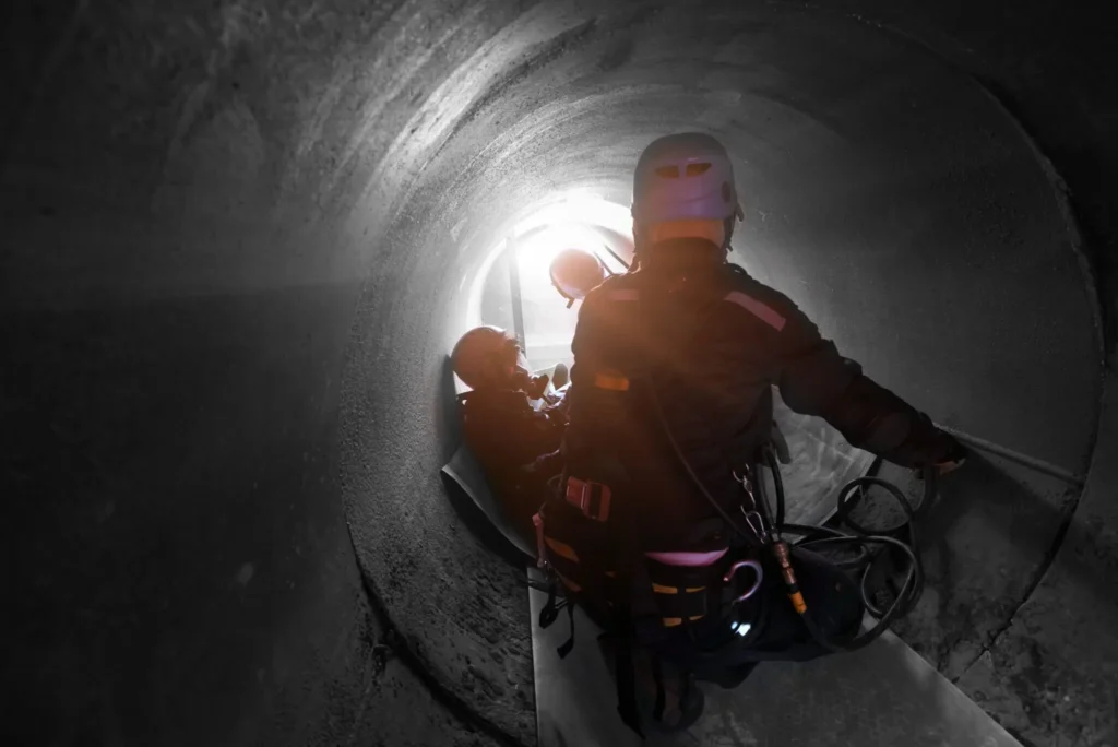 Workers performing confined space entry and rescue operations inside an underground tunnel wearing full PPE, harnesses, helmets, and breathing equipment in Queensland.