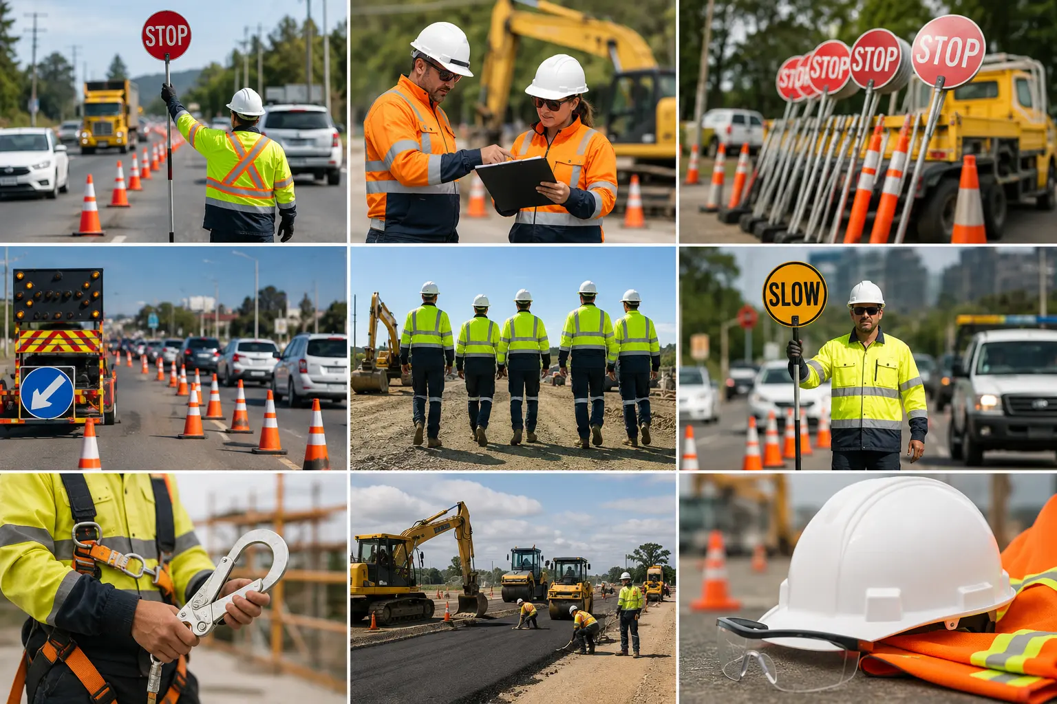 Construction and traffic management worksite in Queensland featuring roadworks, traffic control equipment, heavy machinery, PPE, and safety procedures used in civil construction and infrastructure projects.