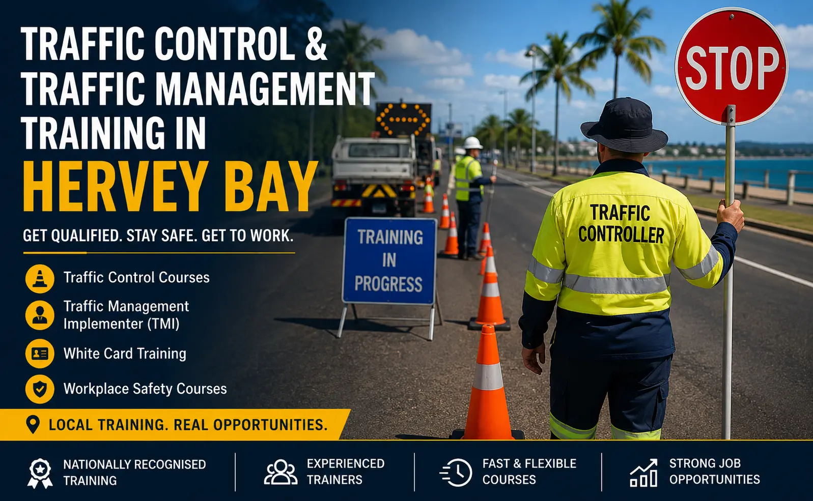 Traffic Control and Traffic Management Training in Hervey Bay with traffic controller holding stop sign during roadworks, promoting Traffic Control Courses, TMI Training, White Card Training, and Workplace Safety Courses by Upskills QLD.