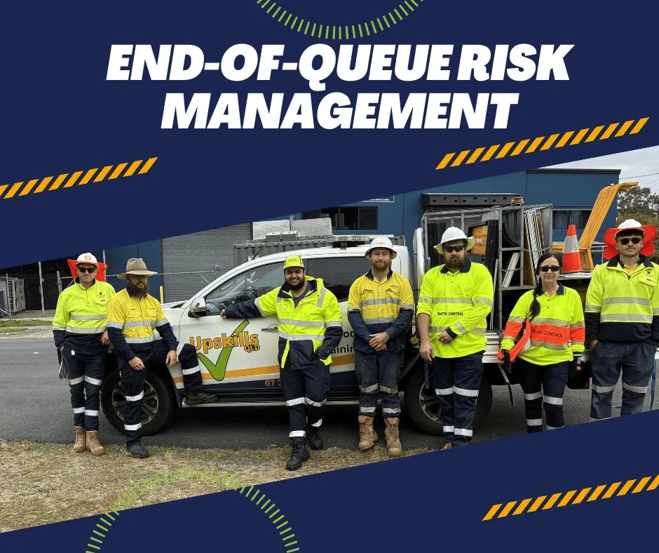 Upskills QLD traffic management team standing beside a training vehicle during End-of-Queue Risk Management training in Queensland.