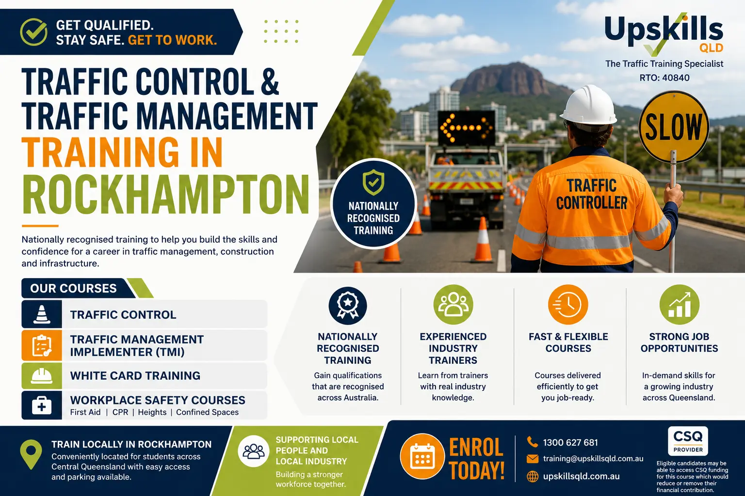 Traffic Controller stands beside a roadwork site in Rockhampton holding a STOP sign during active traffic management operations. The promotional graphic highlights nationally recognised Traffic Control, Traffic Management Implementer (TMI), White Card, and Workplace Safety training delivered by Upskills QLD in Rockhampton.