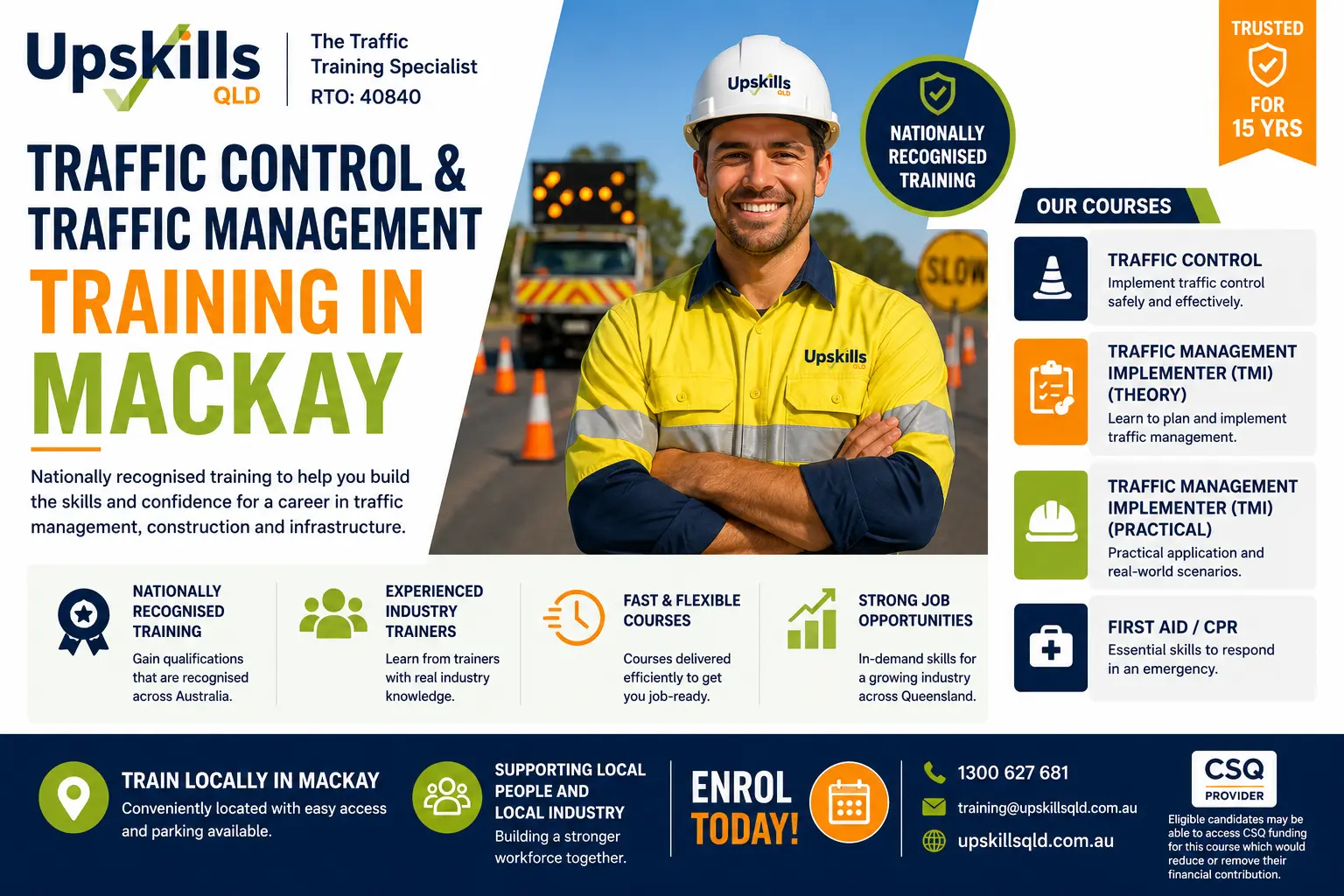 **Alt Text:** Promotional flyer for **Upskills QLD** advertising **Traffic Control & Traffic Management Training in Mackay**. The design features a smiling traffic controller in high-visibility workwear and a white hard hat standing with folded arms at a roadwork site, with traffic cones, a traffic management vehicle, and a "SLOW" sign in the background. The flyer highlights **nationally recognised training** and lists available courses: **Traffic Control, Traffic Management Implementer (TMI) Theory, TMI Practical, and First Aid/CPR**. It also promotes experienced industry trainers, flexible courses, and strong job opportunities. The bottom section includes a call to action to **Enrol Today**, contact details (1300 627 681 and upskillsqld.com.au), a note about **CSQ funding for eligible participants**, and messaging about training locally in Mackay.