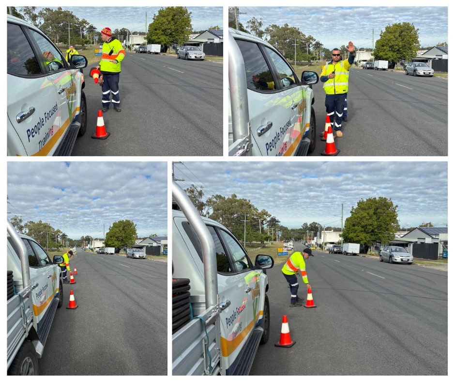 traffic control trainees in high-visibility workwear conducting practical traffic management exercises on a Queensland road, setting out traffic cones and using hand signals beside an Upskills QLD vehicle.